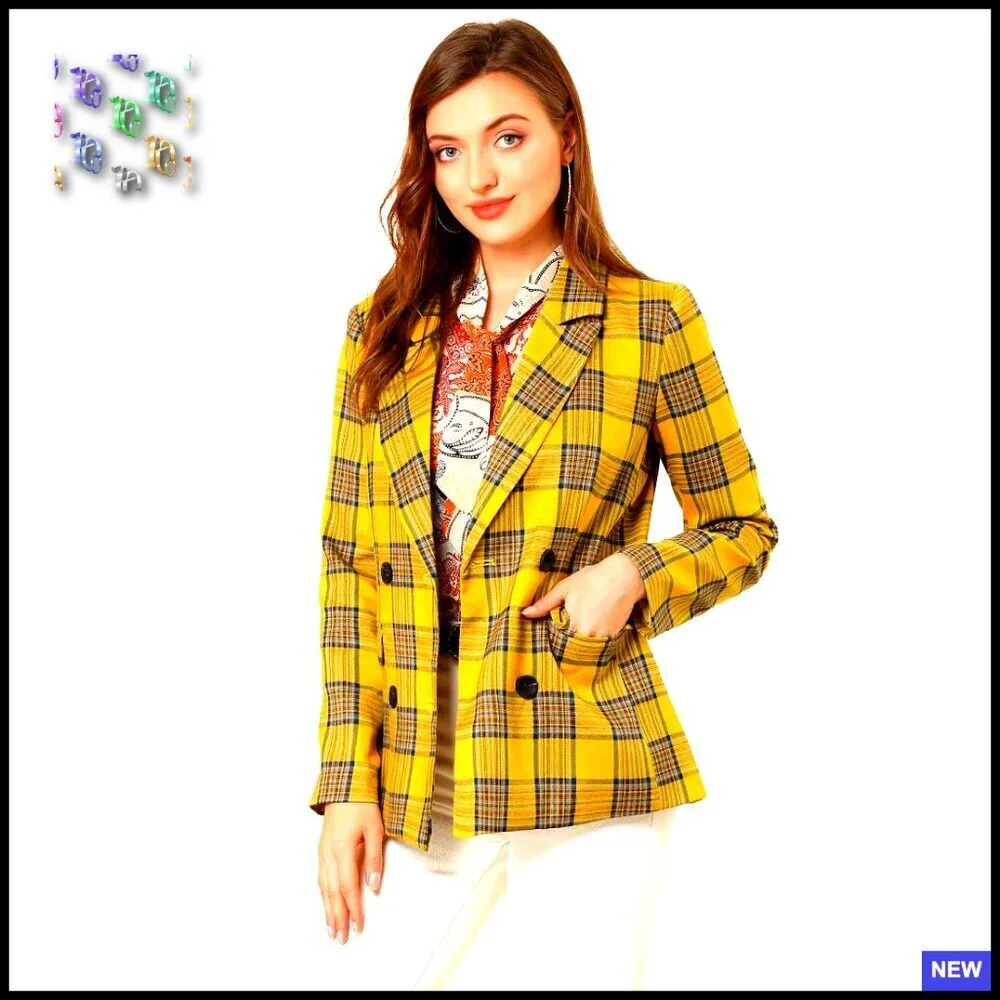 Notched Lapel Double Breasted Blazer Vintage Plaid Formal Work Office Chic